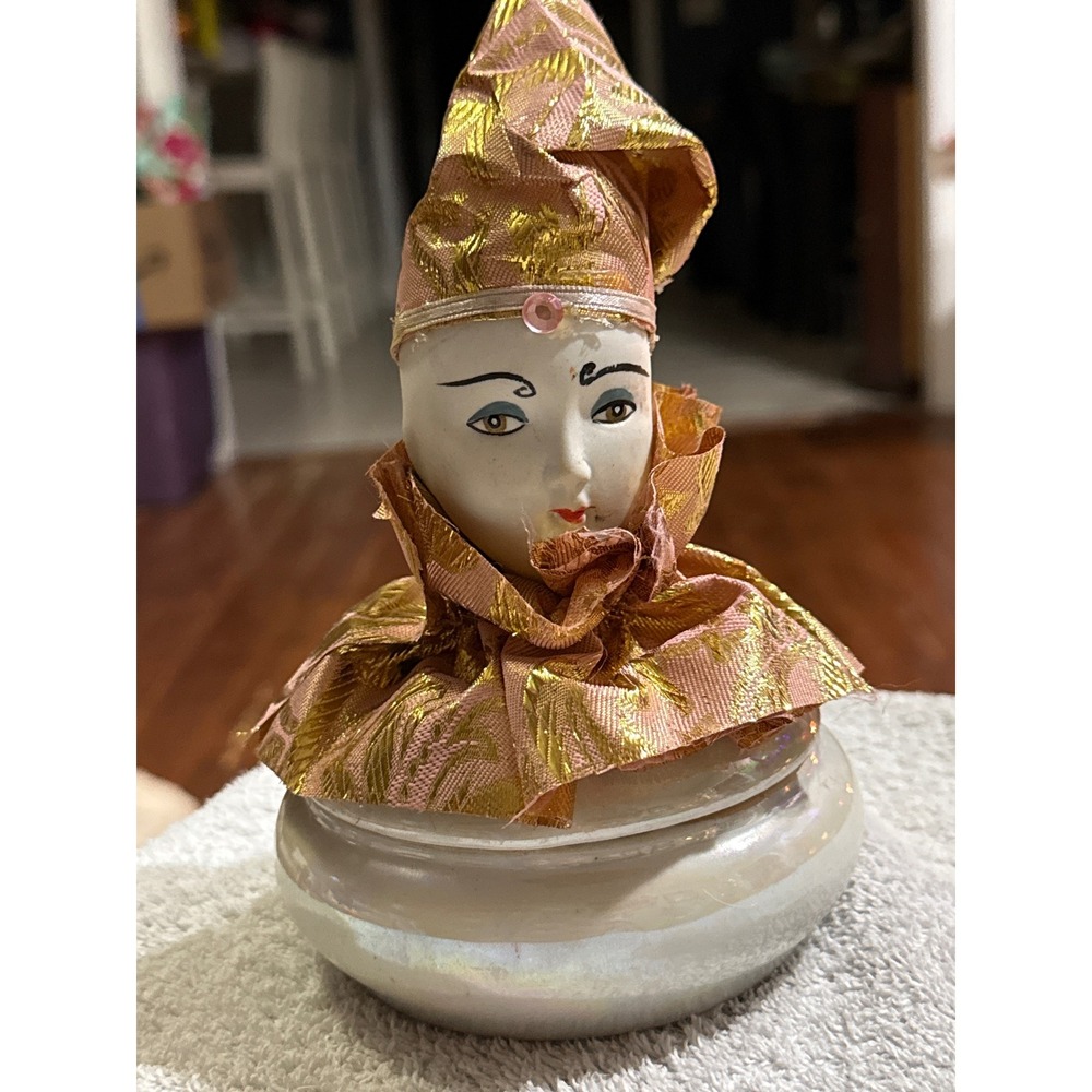 Vintage Porcelain Harlequin Clown Trinket Box Iridescent Pink Gold Pierrot Jar